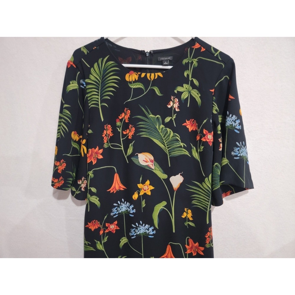 Ann Taylor Botanical Floral Print Back Tie Flutter Sleeve Black Midi Dress‎ 14 - Picture 2 of 11